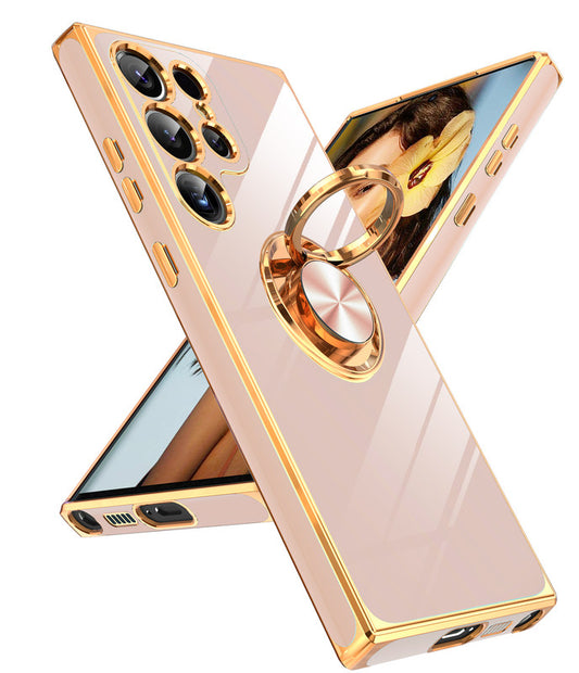 LeYi for Samsung Galaxy S23 Ultra Case: with Rotatable Ring Holder Magnetic Kickstand, Plating Rose Gold Edge Case