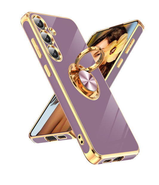 LeYi for Samsung Galaxy S24 5G Case: Rotatable Ring Holder Magnetic Kickstand, Plating Rose Gold Edge Case