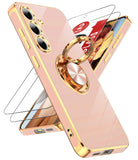 LeYi for Samsung Galaxy S24 FE 5G Case: with 2 Pack Tempered Glass Screen Protector and Rotatable Ring Holder Magnetic Kickstand, Plating Rose Gold Edge Case