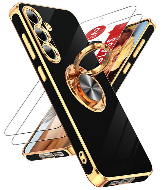 LeYi for Samsung Galaxy S24 FE 5G Case: with 2 Pack Tempered Glass Screen Protector and Rotatable Ring Holder Magnetic Kickstand, Plating Rose Gold Edge Case