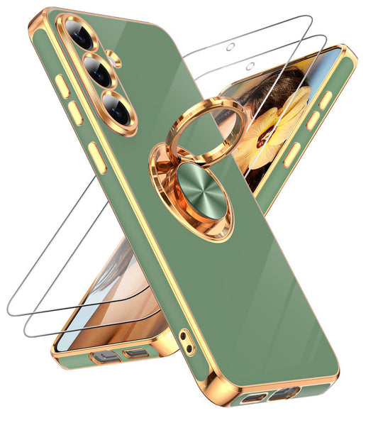 LeYi for Samsung Galaxy S25 FE 5G Case: with 2 Pack Tempered Glass Screen Protector and Rotatable Ring Holder Magnetic Kickstand, Plating Rose Gold Edge Case