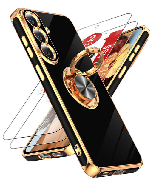 LeYi for Samsung Galaxy S26 FE Case: with 2 Pack Tempered Glass Screen Protector and Rotatable Ring Holder Magnetic Kickstand, Plating Rose Gold Edge Cas