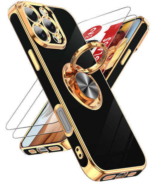 LeYi for Iphone 16 Pro Max Case: with 2 Pack Tempered Glass Screen Protector and Rotatable Ring Holder Magnetic Kickstand, Plating Rose Gold Edge Case