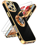LeYi for Iphone 16 Pro Max Case: with 2 Pack Tempered Glass Screen Protector and Rotatable Ring Holder Magnetic Kickstand, Plating Rose Gold Edge Case