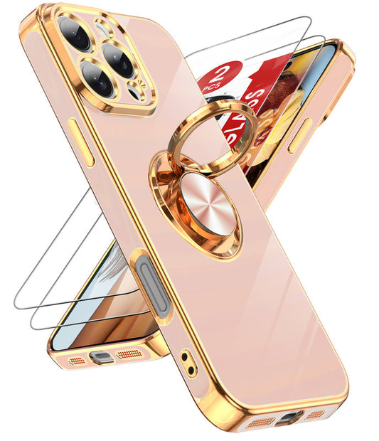 LeYi for Iphone 16 Pro Case: with 2 Pack Tempered Glass Screen Protector and Rotatable Ring Holder Magnetic Kickstand, Plating Rose Gold Edge Case
