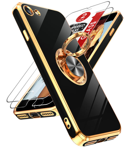 LeYi for iphone 7/8/SE Case: with 2 Pack Tempered Glass Screen Protector and Rotatable Ring Holder Magnetic Kickstand, Plating Rose Gold Edge Case
