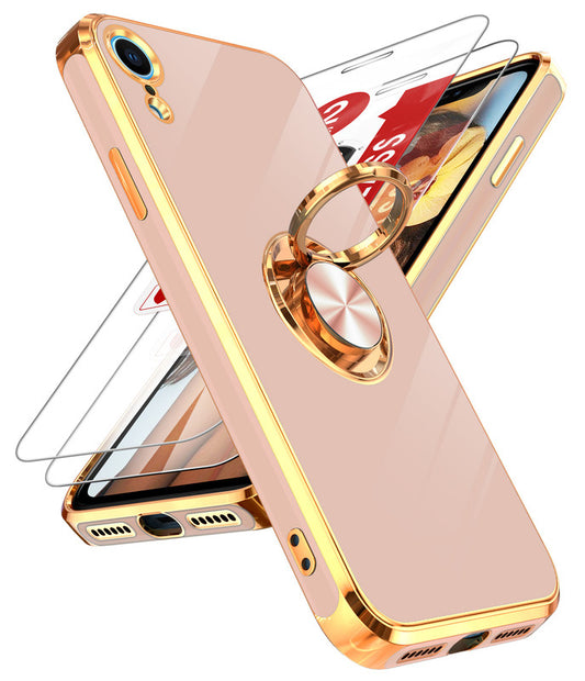 LeYi for iPhone XR Case: with 2 Pack Tempered Glass Screen Protector and Rotatable Ring Holder Magnetic Kickstand, Plating Rose Gold Edge Case