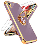 LeYi for iPhone XR Case: with 2 Pack Tempered Glass Screen Protector and Rotatable Ring Holder Magnetic Kickstand, Plating Rose Gold Edge Case