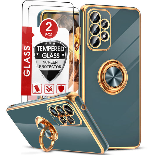 LeYi for Samsung Galaxy A53 5G Case: with 2 Pack Tempered Glass Screen Protector and Rotatable Ring Holder Magnetic Kickstand, Plating Rose Gold Edge Case