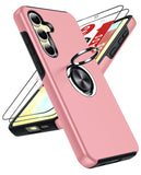 LeYi for Samsung Galaxy S24 FE Case with Glass Screen Protector, Shockproof Heavy Duty Protective Slim Fit Samsung Galaxy S24 FE Cell Phone Case Cover with Rotatable Ring Holder Magnetic Kickstand for Women