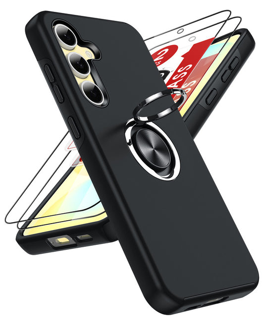 LeYi for Samsung Galaxy S24 FE Case with Glass Screen Protector, Shockproof Heavy Duty Protective Slim Fit Samsung Galaxy S24 FE Cell Phone Case Cover with Rotatable Ring Holder Magnetic Kickstand for Women