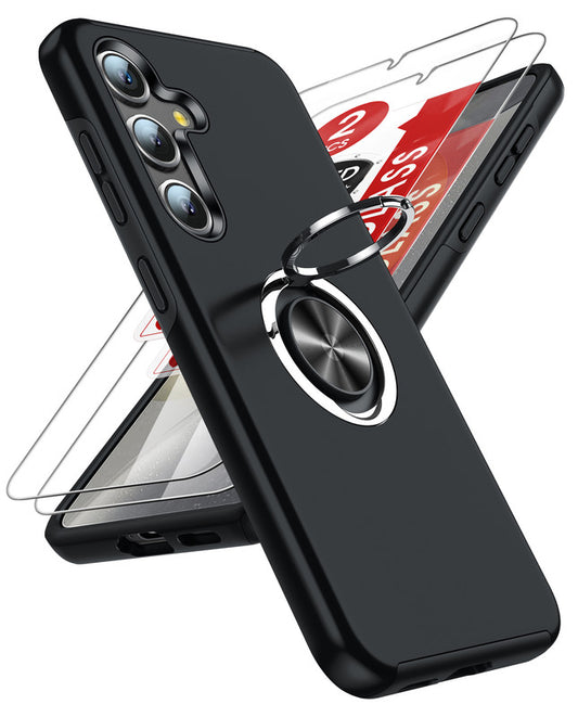 LeYi for Samsung Galaxy S25 Plus Case with Glass Screen Protector, Shockproof Heavy Duty Protective Slim Fit Samsung Galaxy S25 Plus Cell Phone Case Cover with Rotatable Ring Holder Magnetic Kickstand for Women