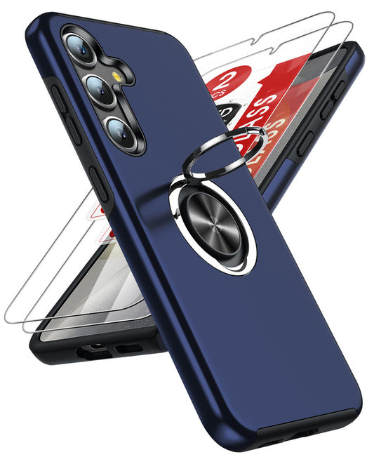 LeYi for Samsung Galaxy S25 Case with Glass Screen Protector, Shockproof Heavy Duty Protective Slim Fit Samsung Galaxy S25 Cell Phone Case Cover with Rotatable Ring Holder Magnetic Kickstand for Women