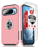 LeYi for Google Pixel 9 Case with Glass Screen Protector, Shockproof Heavy Duty Protective Slim Fit Google Pixel 9 Cell Phone Case Cover with Rotatable Ring Holder Magnetic Kickstand for Women