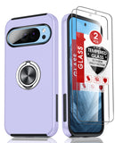 LeYi for Google Pixel 9 Case with Glass Screen Protector, Shockproof Heavy Duty Protective Slim Fit Google Pixel 9 Cell Phone Case Cover with Rotatable Ring Holder Magnetic Kickstand for Women