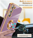 LeYi for Samsung Galaxy S23 Case: with 2 Pack Tempered Glass Screen Protector and Rotatable Ring Holder Magnetic Kickstand, Plating Rose Gold Edge Case