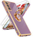 LeYi for Samsung Galaxy S21 FE 5G Case: with 2 Pack Tempered Glass Screen Protector and Rotatable Ring Holder Magnetic Kickstand, Plating Rose Gold Edge Case