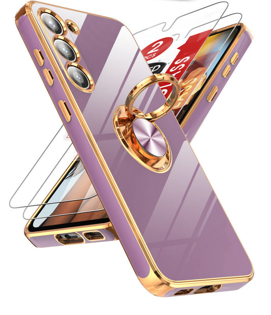 LeYi for Samsung Galaxy S23 Case: with 2 Pack Tempered Glass Screen Protector and Rotatable Ring Holder Magnetic Kickstand, Plating Rose Gold Edge Case