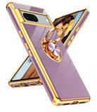 LeYi for Google-Pixel-7 Case: Rotatable Ring Holder Magnetic Kickstand, Plating Rose Gold Edge Case