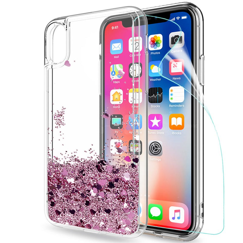 LeYi Case for iPhone XS/iPhone X with Glass Screen Protector [2 pack], 3D Glitter Liquid Cute Personalised Clear Silicone Gel Shockproof Phone Cover