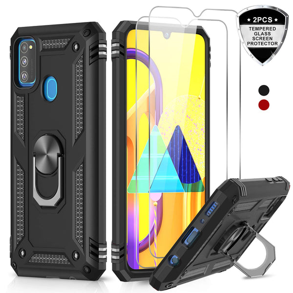 LeYi for Samsung Galaxy M30 Case with Tempered Glass Screen Protector(2 Pack),Magnetic Ring Holder [Military Grade] Protective Silicone Shockproof