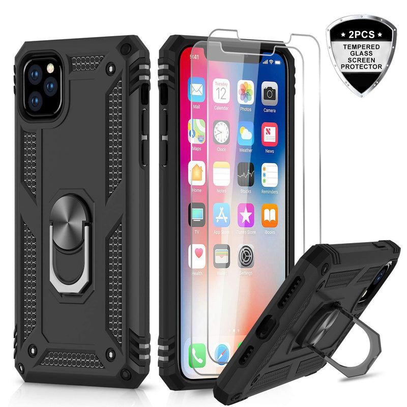 LeYi iPhone 11 Pro Case with Tempered Glass Screen Protector [2Pack], Military Grade Protective Phone Case with Ring Magnetic Car Mount Kickstand