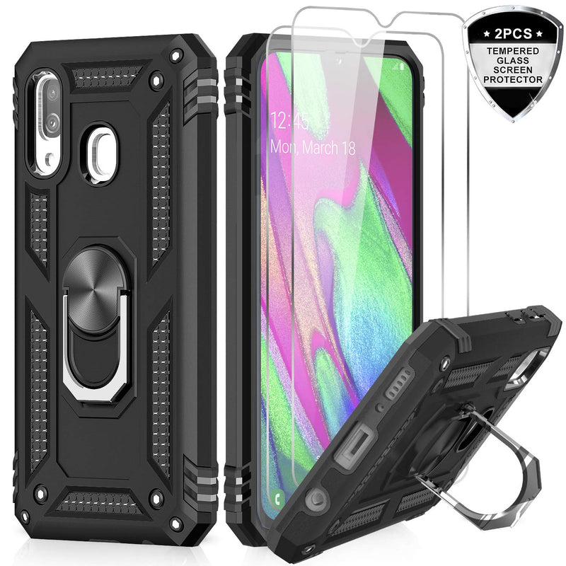 LeYi for Samsung Galaxy A40 Case and Tempered Glass Screen Protector(2 Pack), Ring Holder [Military Grade] Protective Silicone Shockproof Tough Armour