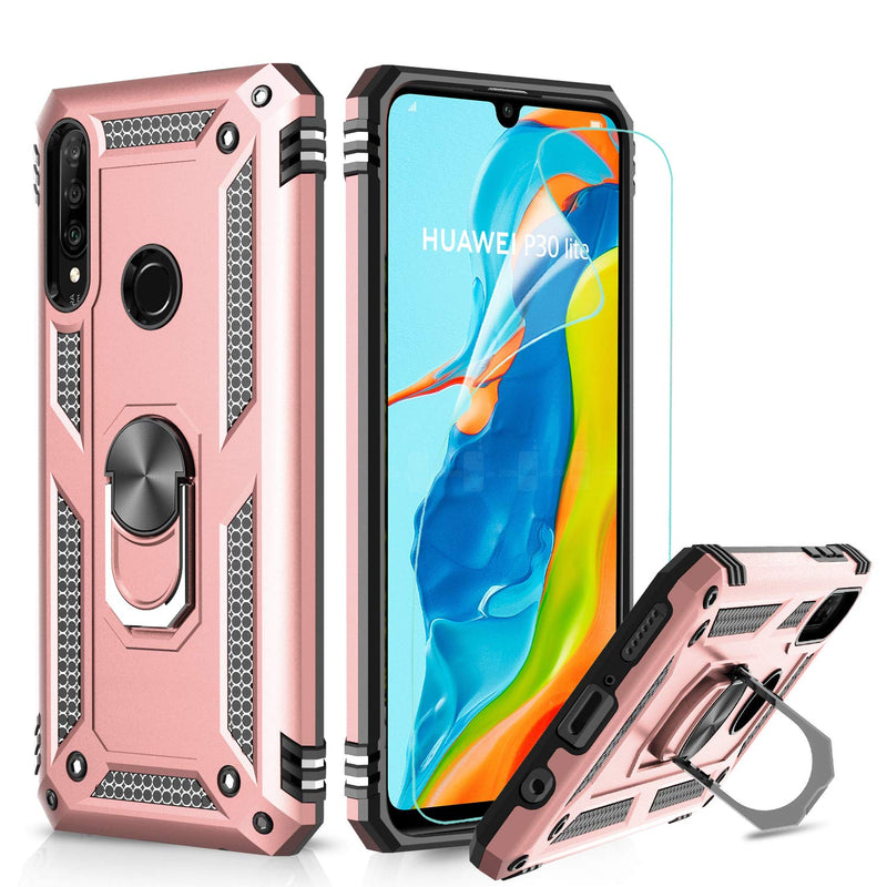 LeYi Huawei P30 Lite Case with Ring Holder Kickstand, Full Body Protective Silicone TPU Shockproof Tough Armour Hard Phone Cover and 2 Tempered Glass