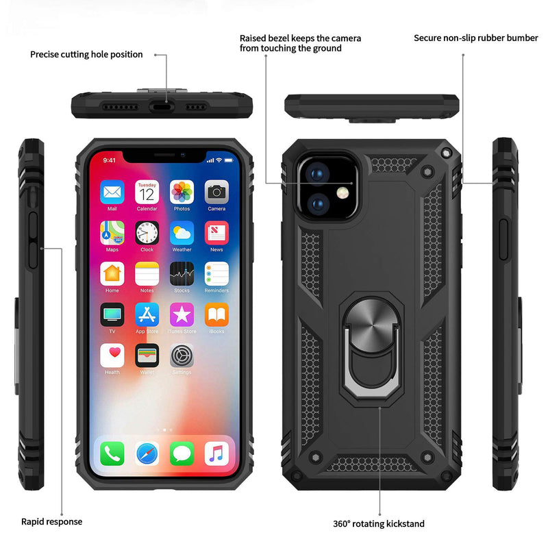 LeYi iPhone 11 Case with Tempered Glass Screen Protector [2 Pack], Military Grade Armor Phone Cover Case with Ring Magnetic Car Mount Kickstand