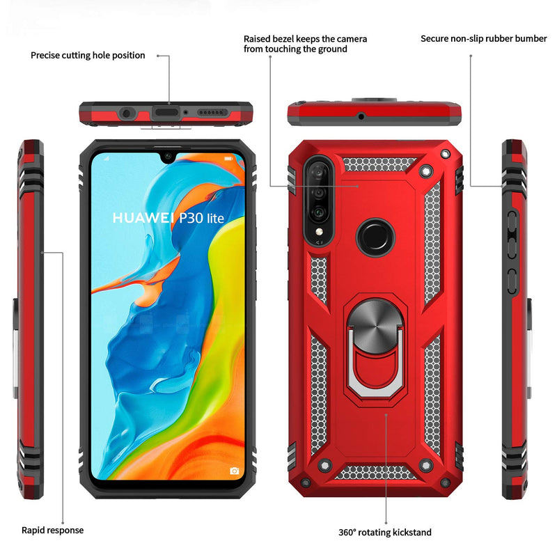 LeYi Huawei P30 Lite Case with Ring Holder Kickstand, Full Body Protective Silicone TPU Shockproof Tough Armour Hard Phone Cover and 2 Tempered Glass