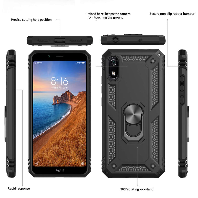 LeYi Xiaomi Redmi 7A Case and Screen Protector, Rotating Ring Holder [Military Grade] Protective Silicone TPU Personalised Shockproof Hard Armour