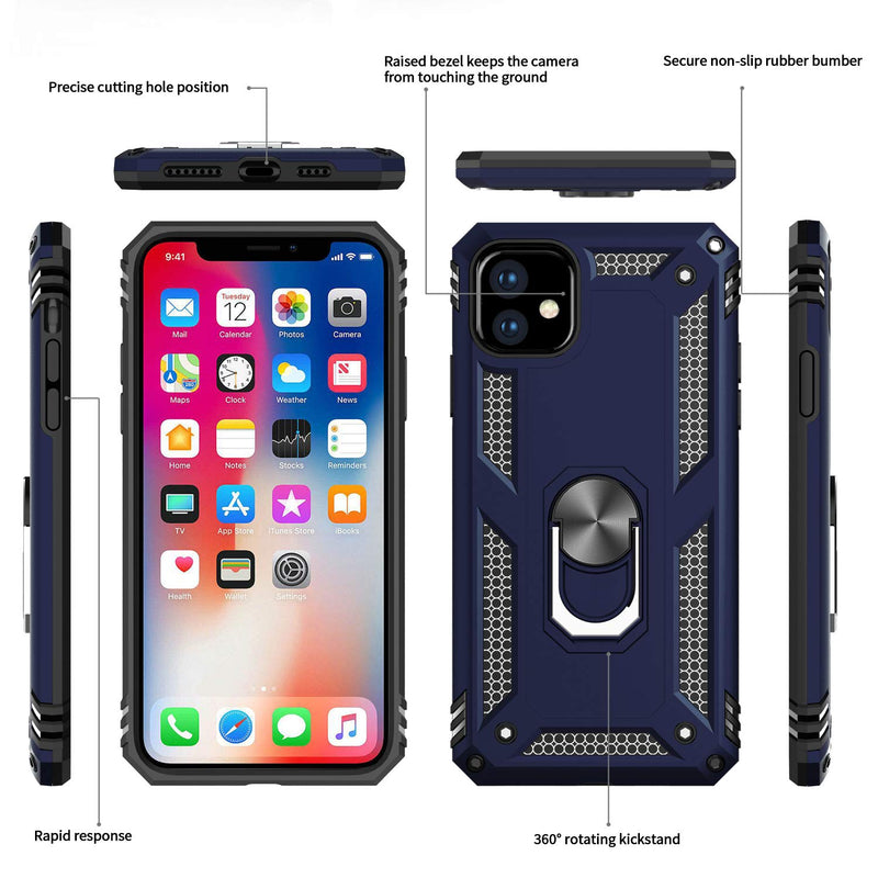 LeYi iPhone 11 Case with Tempered Glass Screen Protector [2 Pack], Military Grade Armor Phone Cover Case with Ring Magnetic Car Mount Kickstand