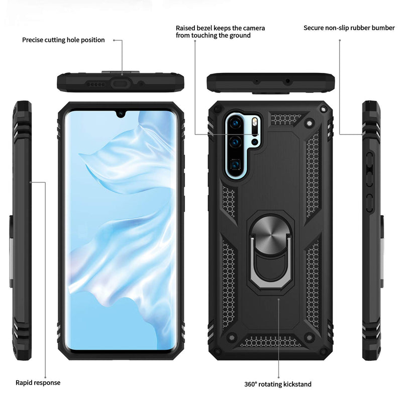 LeYi Huawei P30 Lite Case with Ring Holder Kickstand, Full Body Protective Silicone TPU Shockproof Tough Armour Hard Phone Cover and 2 Tempered Glass