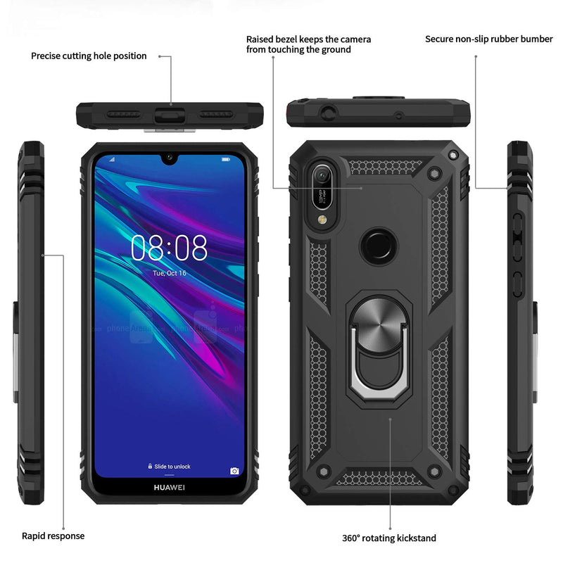LeYi Huawei Y6 2019 Case/Honor 8A with Ring Holder, Full Body Protective Silicone TPU Shockproof Tough Armour Phone Cover and 2 Tempered Glass Screen