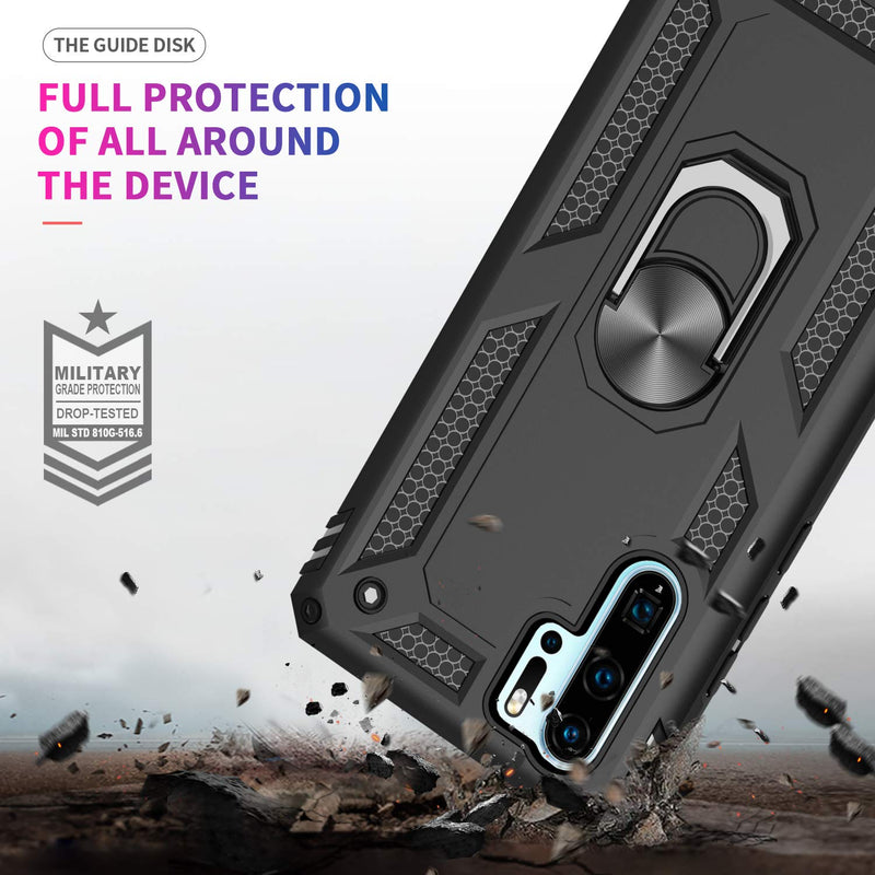 LeYi Huawei P30 Lite Case with Ring Holder Kickstand, Full Body Protective Silicone TPU Shockproof Tough Armour Hard Phone Cover and 2 Tempered Glass