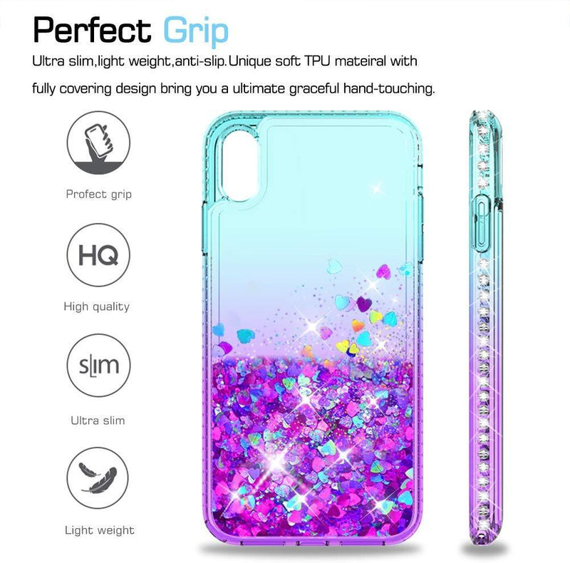 LeYi Case for iPhone XS Max with Glass Screen Protector [2 pack], Glitter Liquid Flowing Clear Transparent Diamond Personalise TPU Gel Silicone