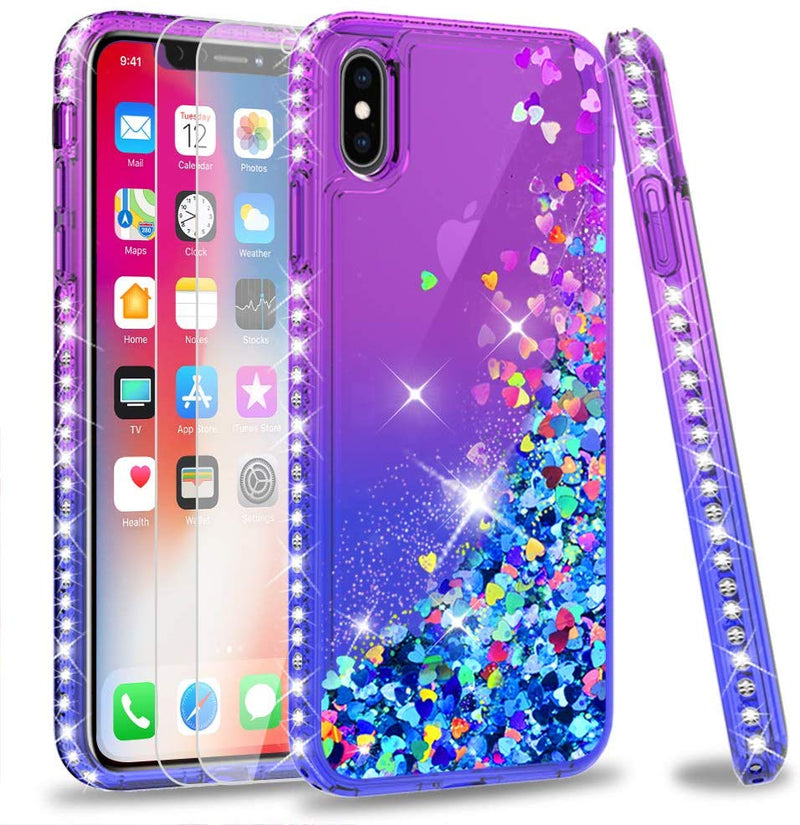 LeYi Case for iPhone XS Max with Glass Screen Protector [2 pack], Glitter Liquid Flowing Clear Transparent Diamond Personalise TPU Gel Silicone