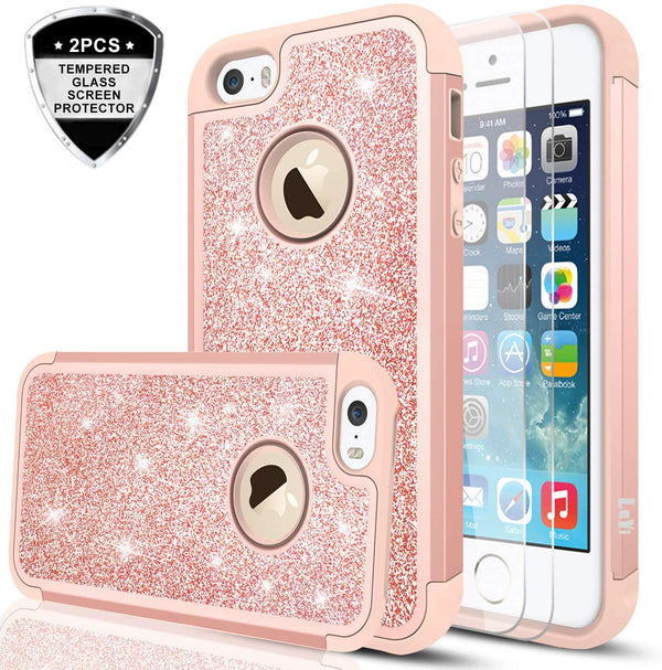 iPhone 5S Case,iPhone 5 /iPhone SE Case with Tempered Glass Screen Protector [2 Pack],LeYi Glitter Bling  Heavy Duty Protective Case ,TP Rose Gold