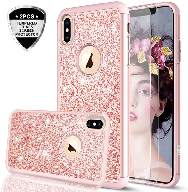 iPhone Xs Max Case with Tempered Glass Screen Protector [2 Pack],LeYi Cute Girly Glitter Bling Silicone Protective Phone Cover Case TP Pink/Rose Gold