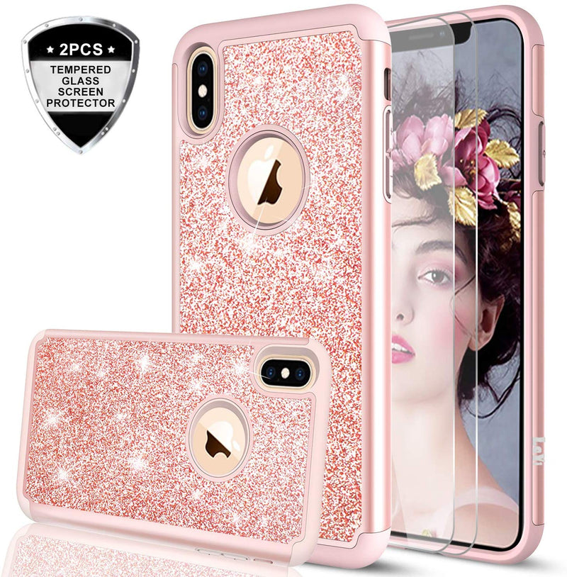 iPhone Xs Max Case with Tempered Glass Screen Protector [2 Pack],LeYi Cute Girly Glitter Bling Silicone Protective Phone Cover Case TP Pink/Rose Gold