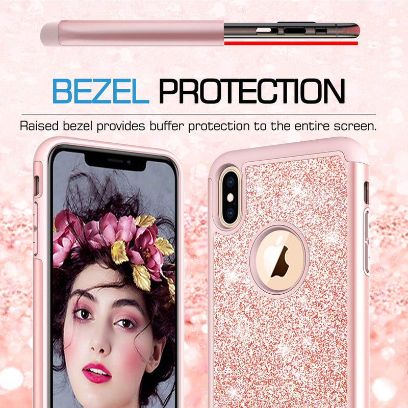 iPhone Xs Max Case with Tempered Glass Screen Protector [2 Pack],LeYi Cute Girly Glitter Bling Silicone Protective Phone Cover Case TP Pink/Rose Gold