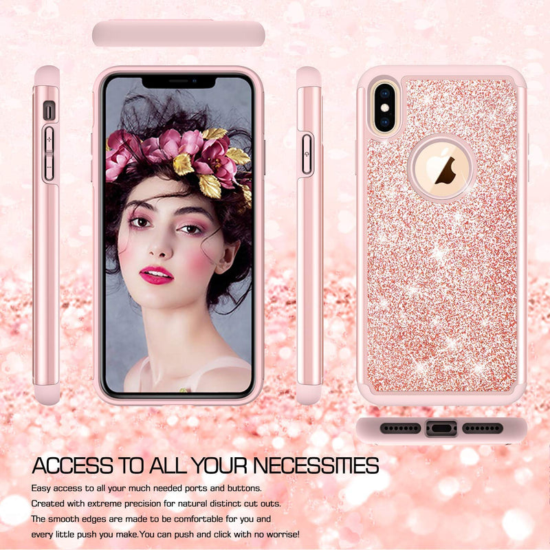 iPhone Xs Max Case with Tempered Glass Screen Protector [2 Pack],LeYi Cute Girly Glitter Bling Silicone Protective Phone Cover Case TP Pink/Rose Gold